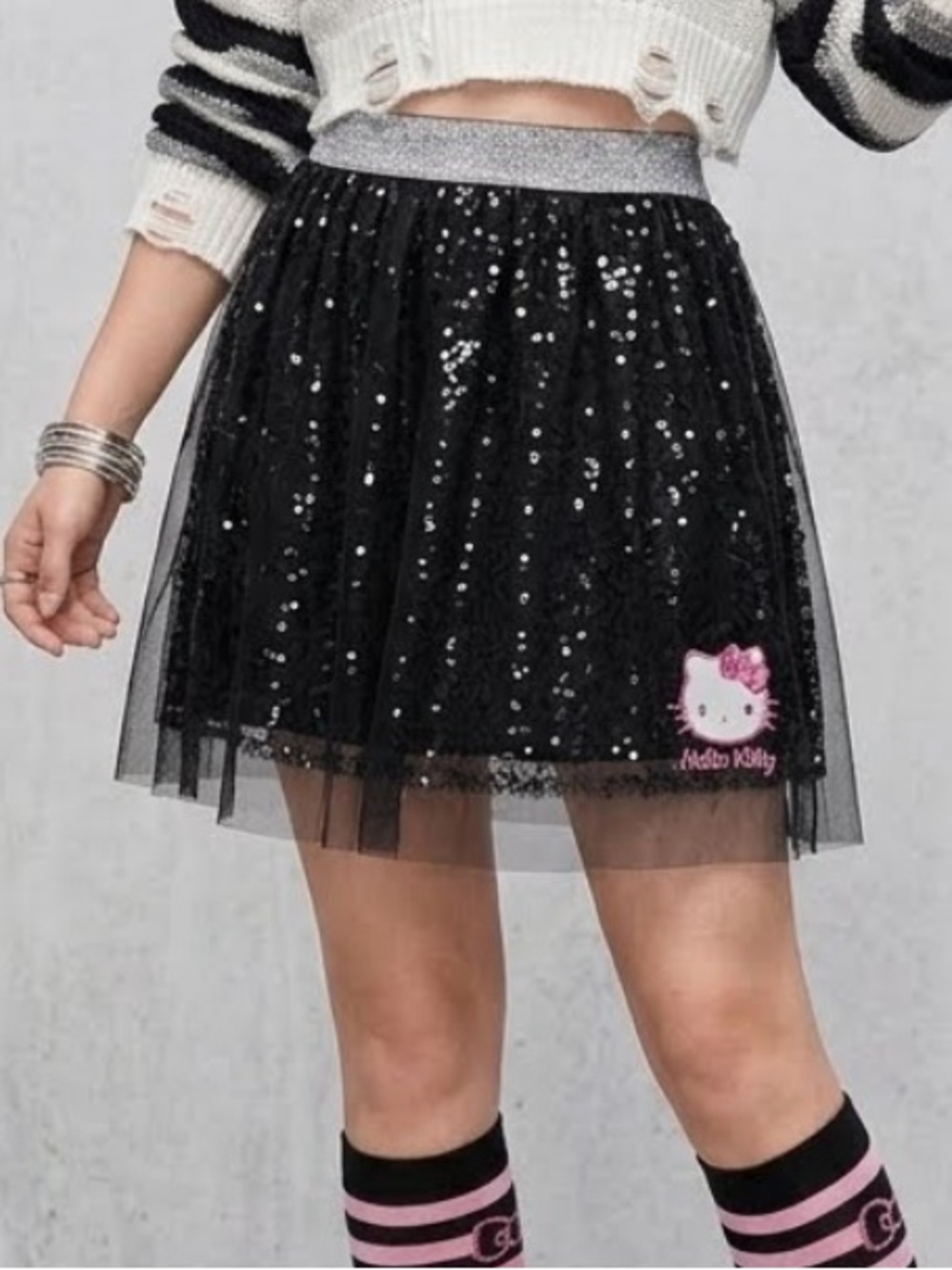 Hello Kitty Tulle Mesh Tutu Skirt Metallic Sequin Balletcore Kidcore Dance Large